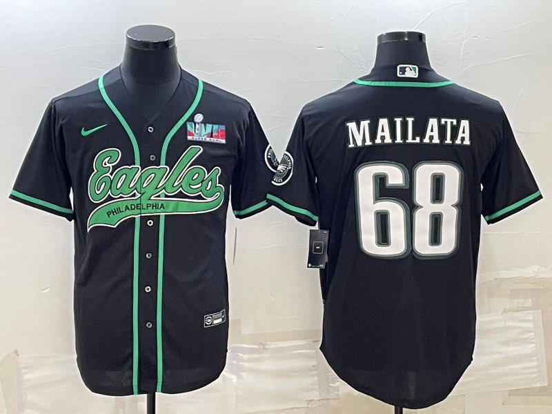 Men's Philadelphia Eagles #68 Jordan Mailata Black With Super Bowl LVII Patch Cool Base Stitched Baseball Jersey - Click Image to Close